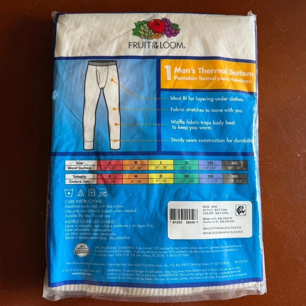 Fruit of the Loom Mens Thermal White Underwear‎ Bottom Pants Size M NEW 2015